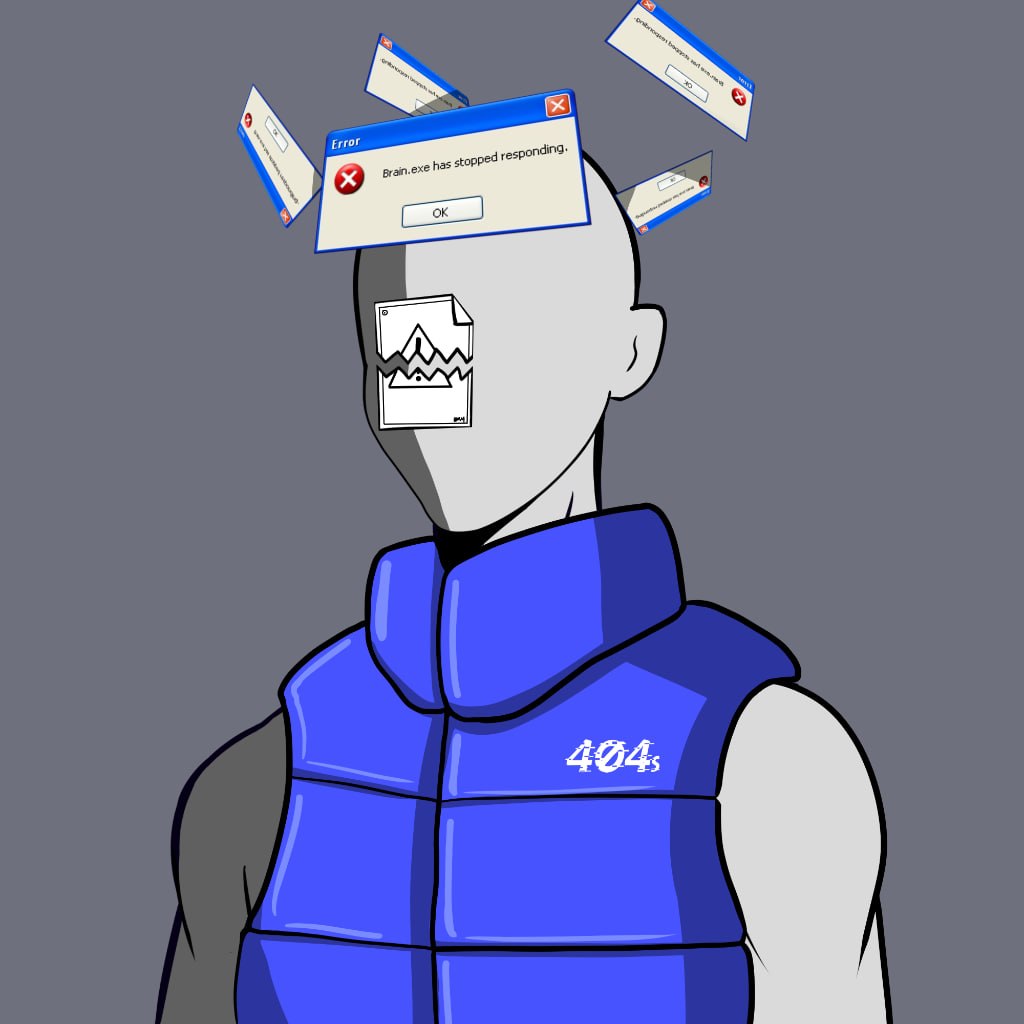 404s — figure surrounded by Windows error popups reading Brain.exe has stopped responding